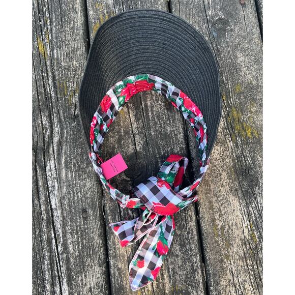 Betsey Johnson Gingham Floral Visor Black Brim Adjustable Tie One Size EUC - Picture 5 of 8